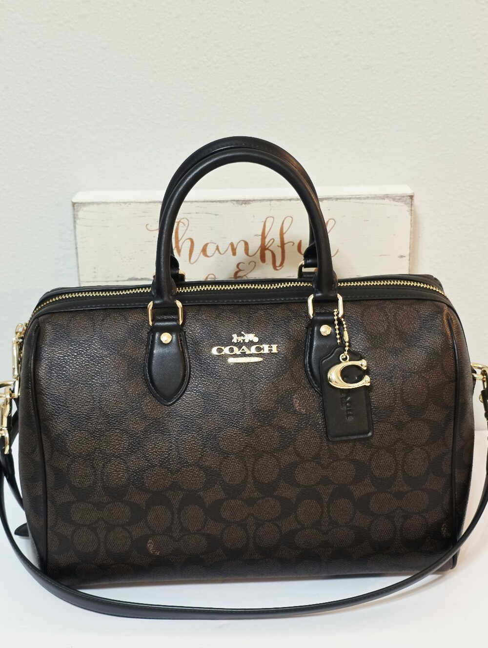 Coach Rowan LARGE Crossbody Shoulder Bag Signature C Brown Black Gold Zip CV959